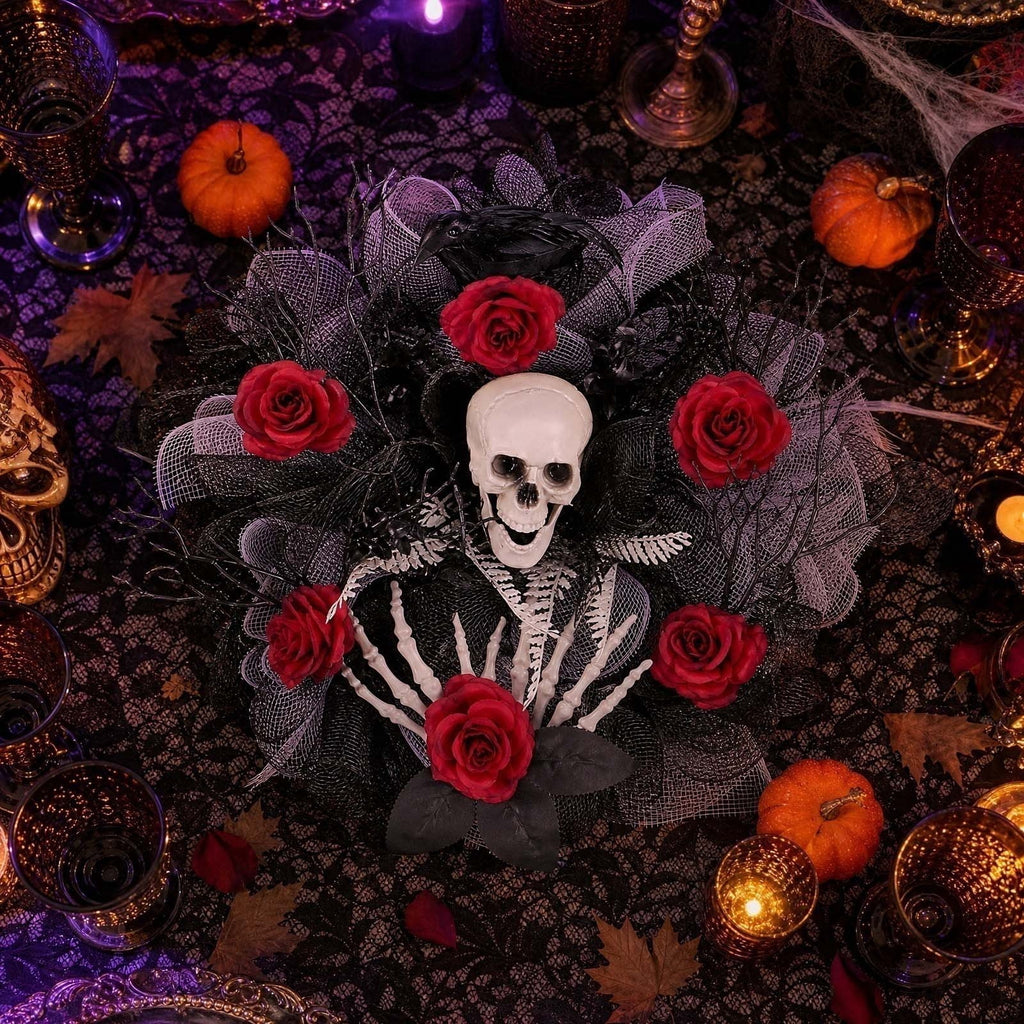Halloween Artificial Rose Flower with Skull Head, Fake Silk Rose Bouquet, Red or Black Roses with Mini Skull