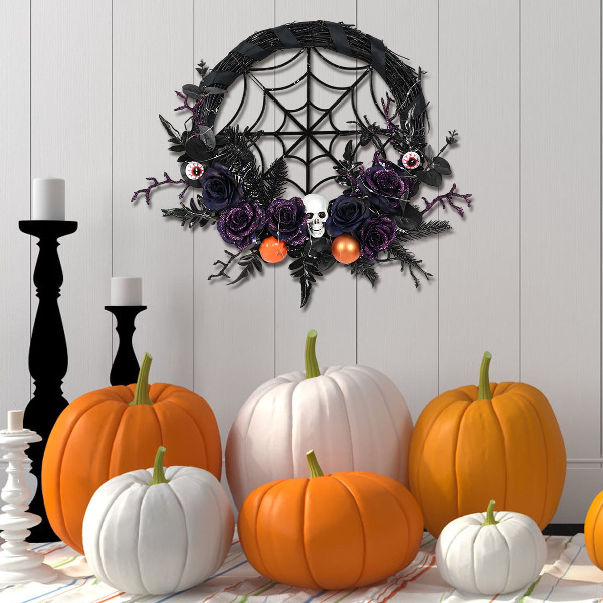 YIKA Halloween Decoration Halloween Ghost Festival Purple Simulation Skull Pumpkin Horror Scene Decoration Wreath F3Halloween Yard Decor