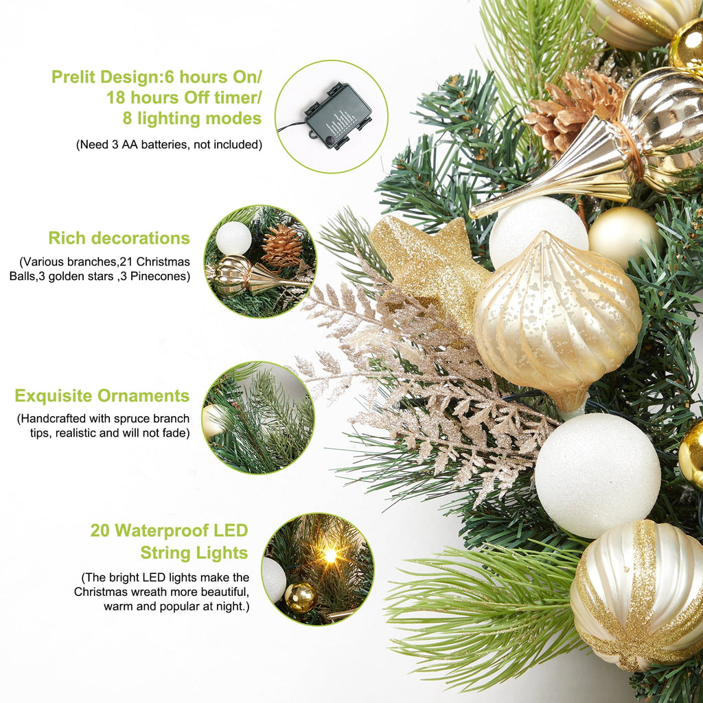 JoanKaren 24 inch Large Christmas Wreath Silver White with 20 LED Lights,Prelit Xmas Wreath w/ Ball Ornaments Pine Cone