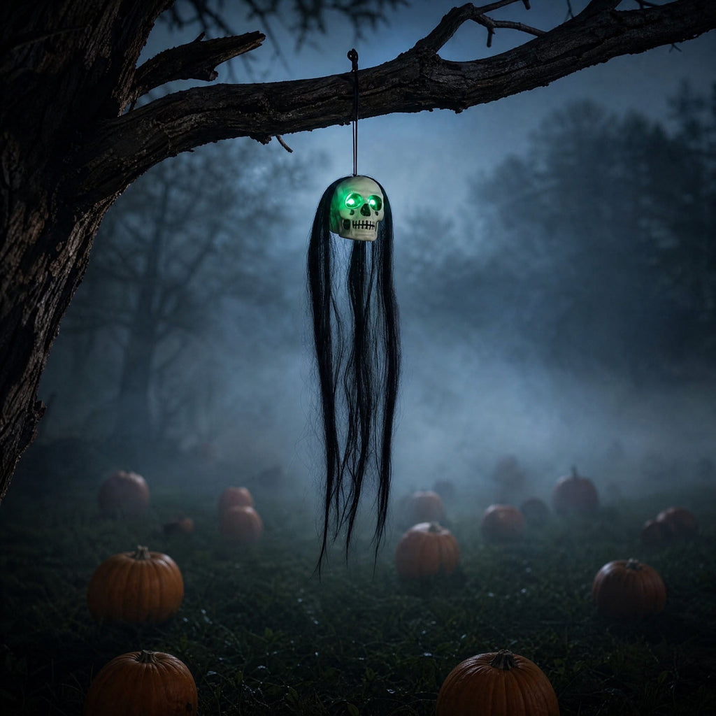Bklubk Hanging Long Hair Skull Ghost Prop With Flashing Red/Green LED Eyes.Spooky Skeleton Head Hanging Ornament For Escape Room. House Halloween Yard Decor