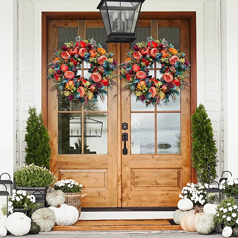 Yucurem Fall Peony Pumpkin Wreath for Front Door, 15.74" Artificial Autumn Harvest Pumpkin Wreath for Halloween Thanksgiving Harvest Mantle Porch Wall Window Decor