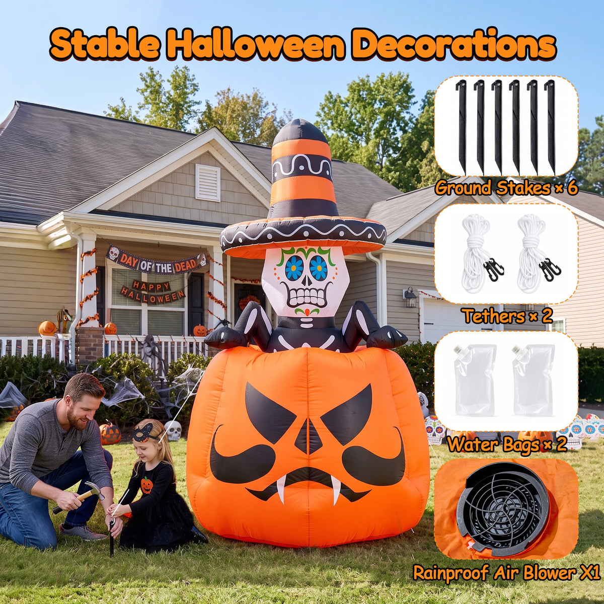 GVDV 6 FT Halloween Inflatables Animated Pumpkin Skull Outdoor Decorations Blow Up Yard with Built-in LEDs for Indoor Party Garden Lawn Decor