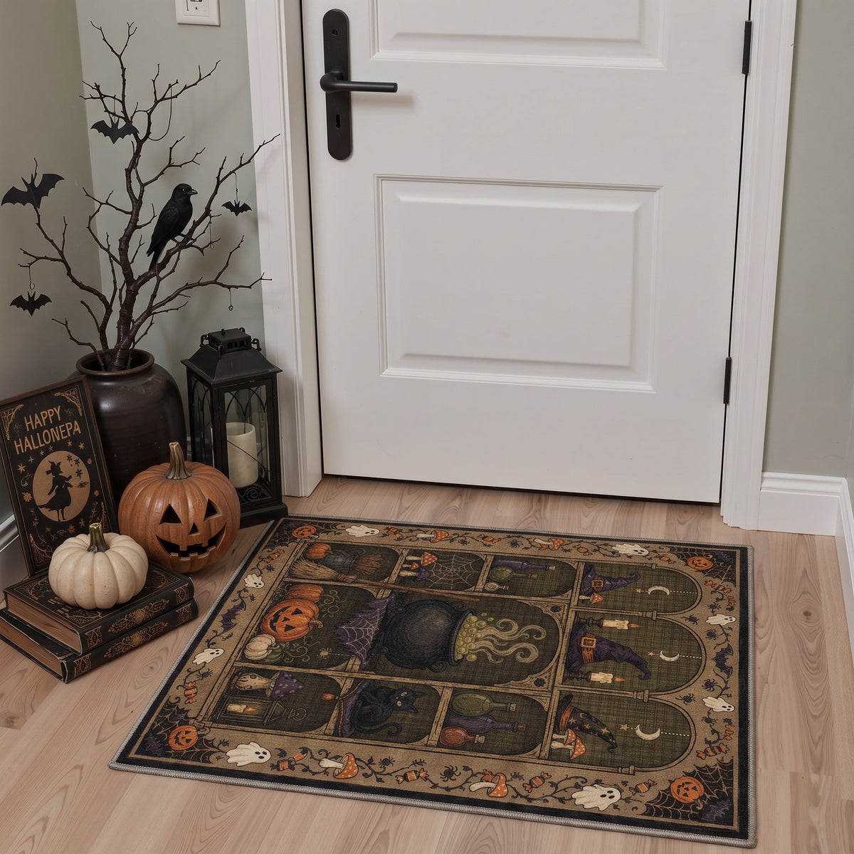GENIMO 5'x7' Halloween Area Rug for Living Room, Washable Non Slip Soft Vintage Pumpkin Indoor Rug for Bedroom Dining Room Home Office, Antique Moss