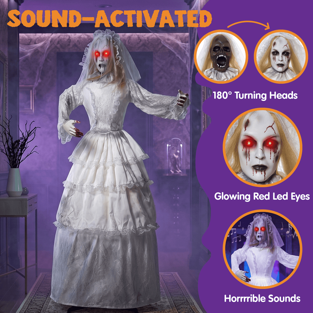Joyfy 6.2 FT (74.8") Halloween Decoration Outdoor Animatronic Ghost Doctor, Sound Activated Life-Size Standing Ghost with Rotating Head, LED Eyes & Lantern, for Scary Haunted House,Yard Decor