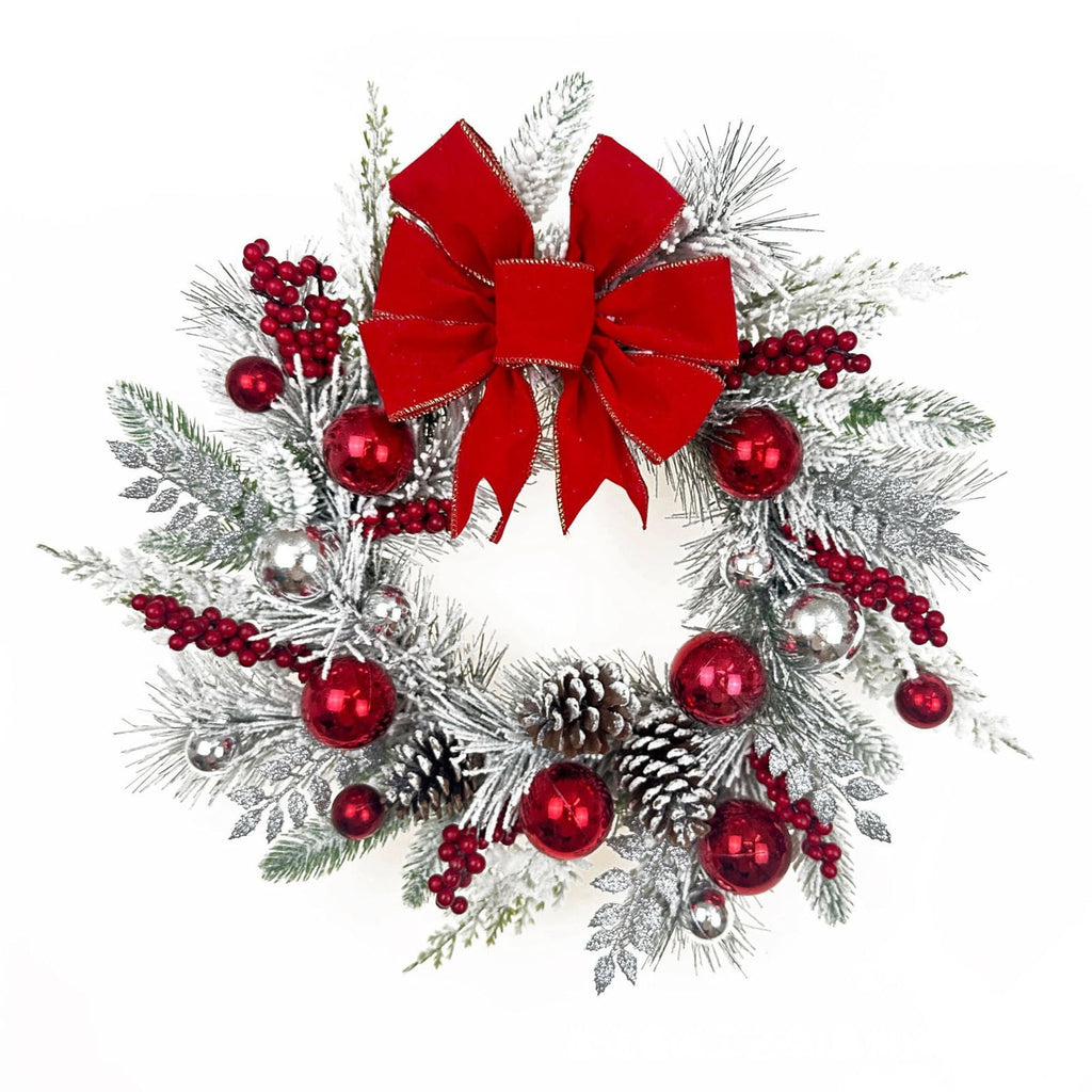 Opehuo Christmas Wreath Outdoor,Artificial Christmas Garland for Front Door with Red Flocking Bowknot,Pine Cones,Red Berries,Indoor and Outdoor Christmas Decorations(B)