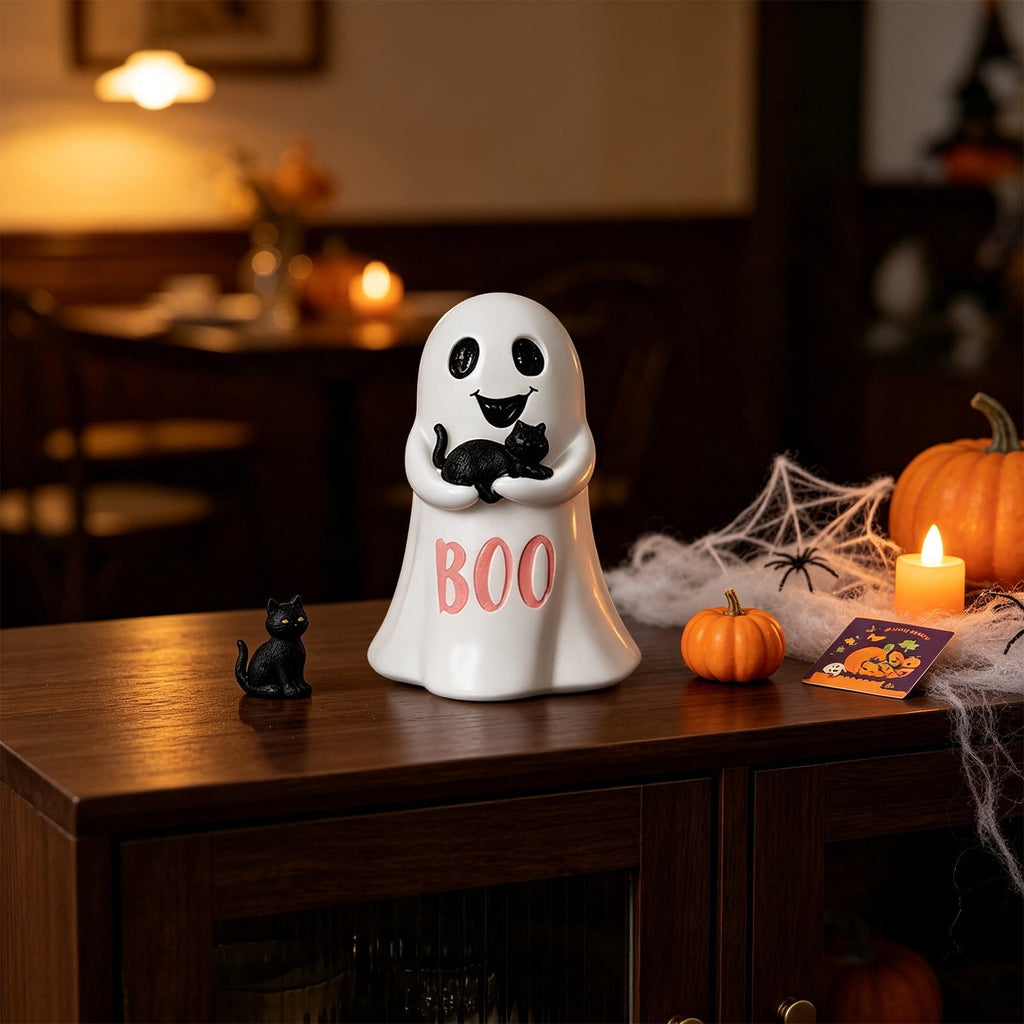 Halloween Ghost Figurine, Ghost Girl with Pink Bow & Hot Drink, Funny Ghost Statue Halloween Decor for Gift, Cute Spooky Tabletop Ornament for Home, Mantle, Desk & Party Decoration