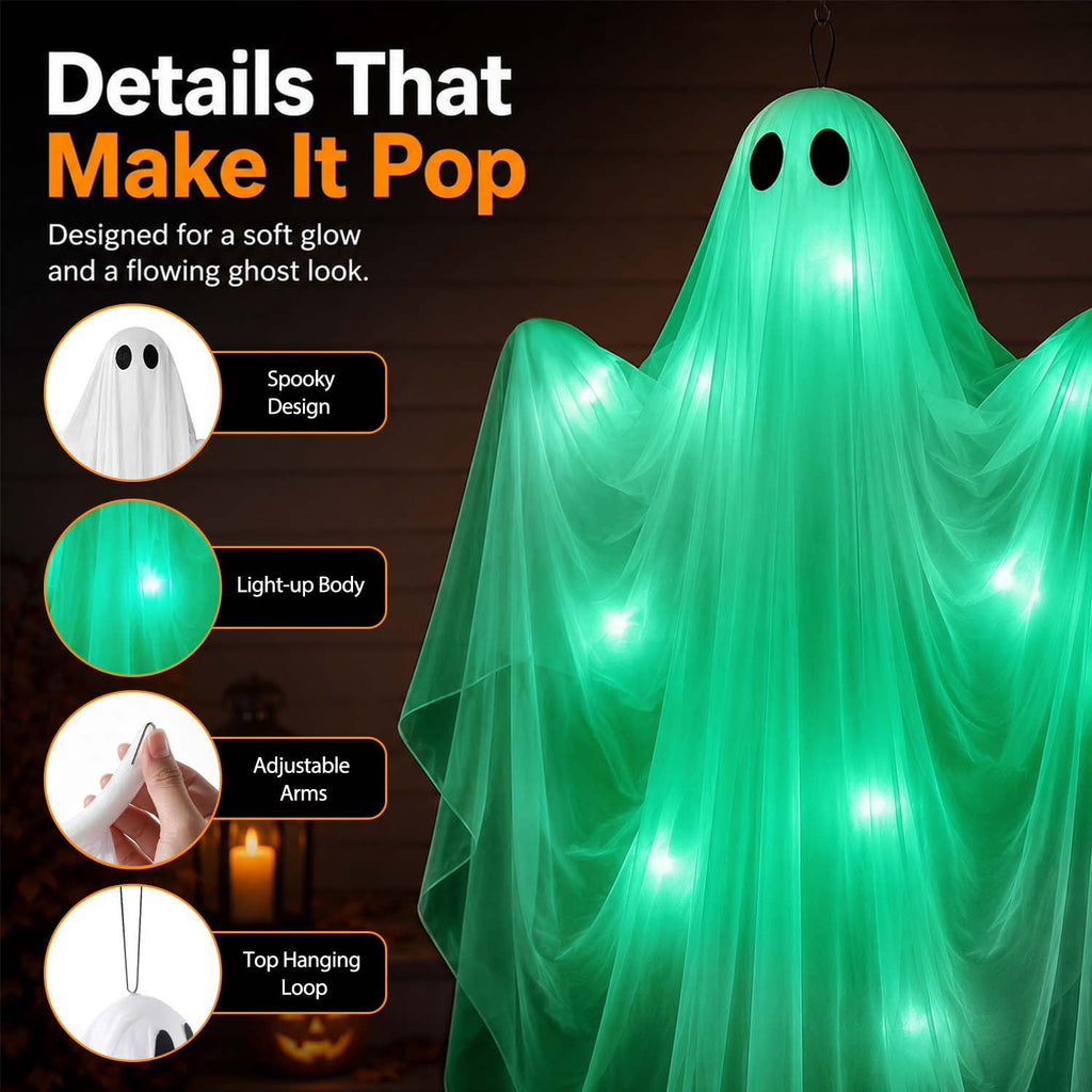 Ayieyill Halloween Ghost Decor with Blue LED Light, 47” Light up Hanging Ghost Halloween Yard Porch Decorations Outdoor