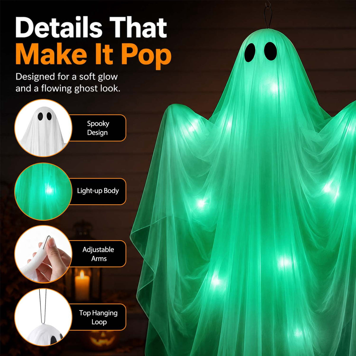 Ayieyill Halloween Ghost Decor with Blue LED Light, 47” Light up Hanging Ghost Halloween Yard Porch Decorations Outdoor