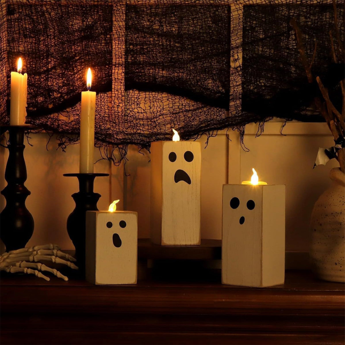 Halloween Decorations Indoor, Halloween Candelabra, Wooden Candle Base Holy Day Party Decoration Party Candle Table Aroma Tea Light Ornament, Halloween Party Decorations, Spooky Decor