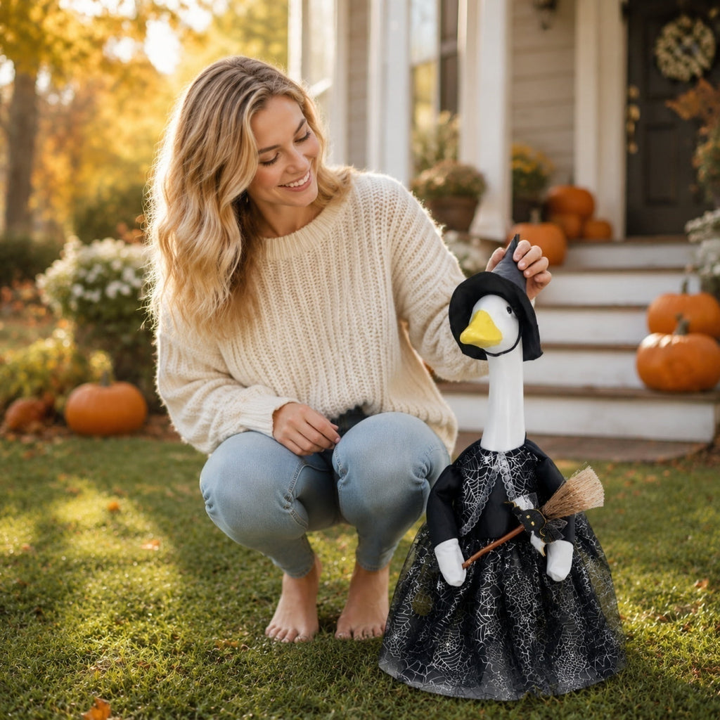 Halloween Garden Porch Decor, Porch Goose Outfits Halloween, 23 Inch Porch Goose Outfits, Witch Dress and Hat Set, Fits 23X11X26 Inch Standing Plush Goose for Front Porch Lawn