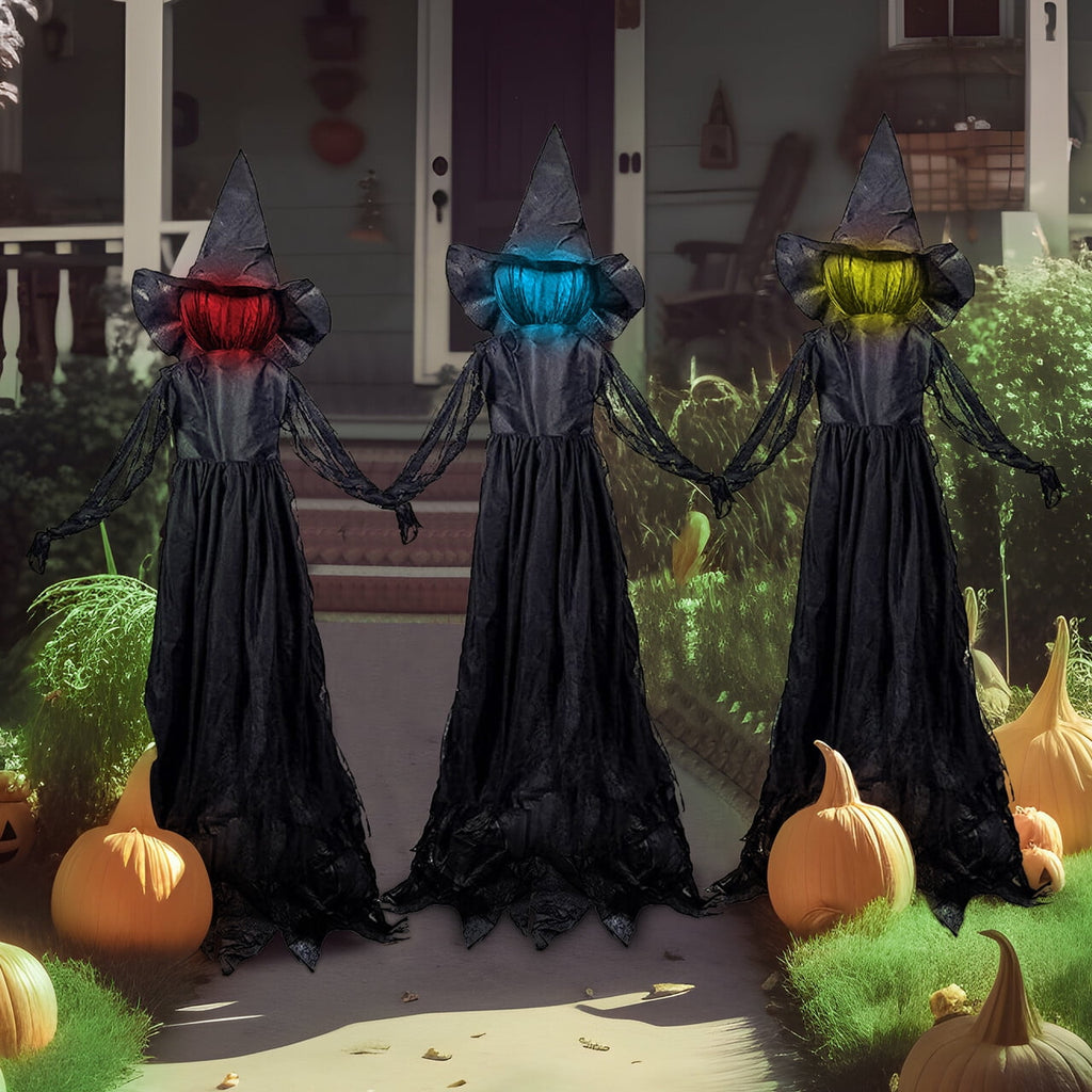 Joyfy 3 Pack Witches Halloween Decorations Outdoor, 51" Sound Activated Light Up Flying Witch Stakes with Color Changing Face & Creepy Sound, Life Size Halloween Props for Lawn Grave Party