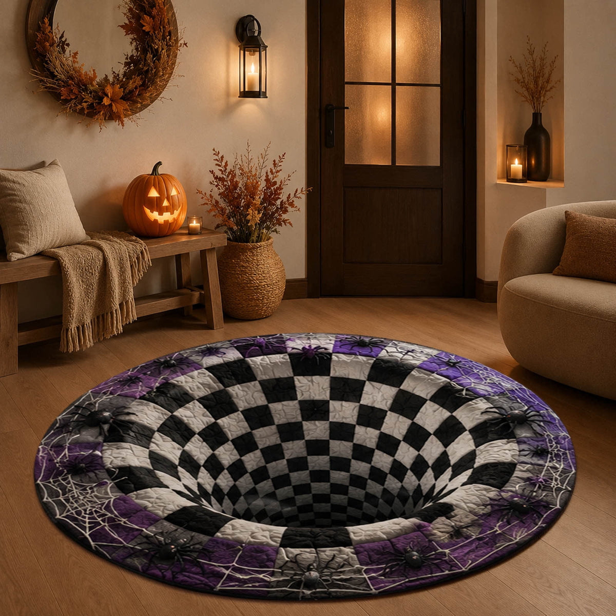 Win s Way 3D Illusion Round Halloween Rug Optical Illusion Doormat Non- Washable Entryway Decor Spooky Fall Front Door Mat for Party Decoration Available in 15.8/23.6/31.5 Inch