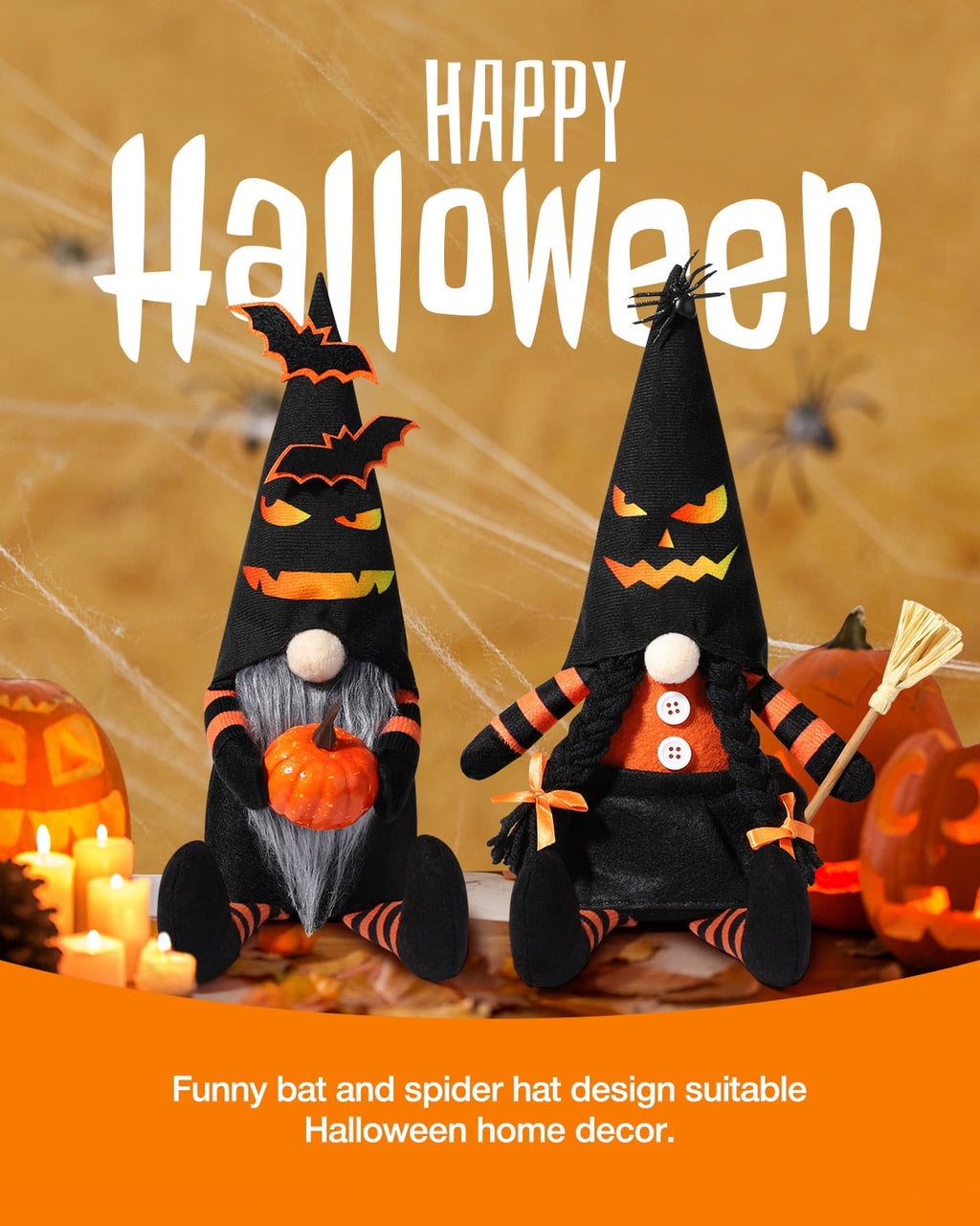 Ayieyill 2PCS Halloween Gnome Plush Decorations - Mr and Mrs Handmade Scandinavian Tomte for Halloween Table Ornament, Tiered Tray Decor, Halloween Trick or Treat Gift