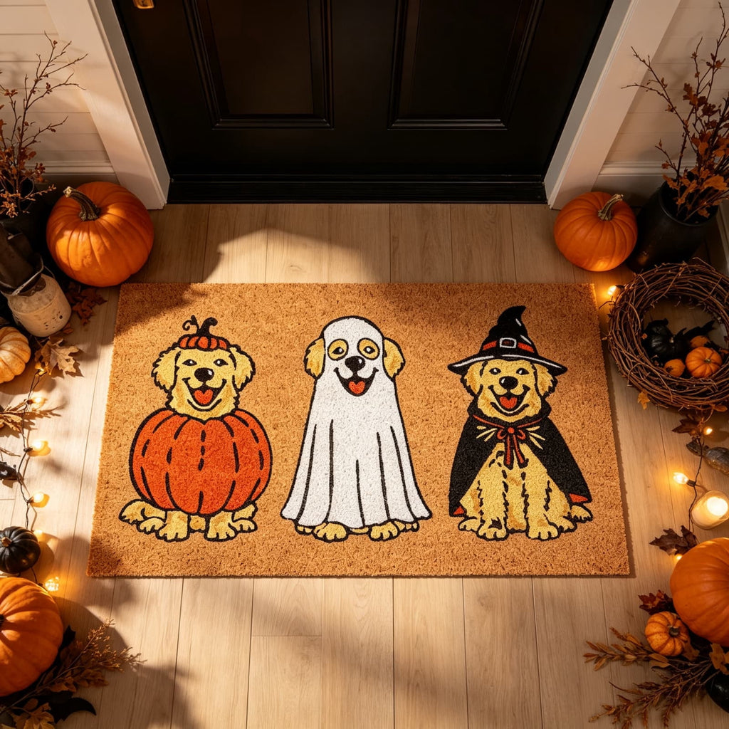 Halloween Dog Door Mat 16x24", Golden Retriever Ghost Pumpkin Welcome Rug for Porch, Halloween Outdoor Decorations