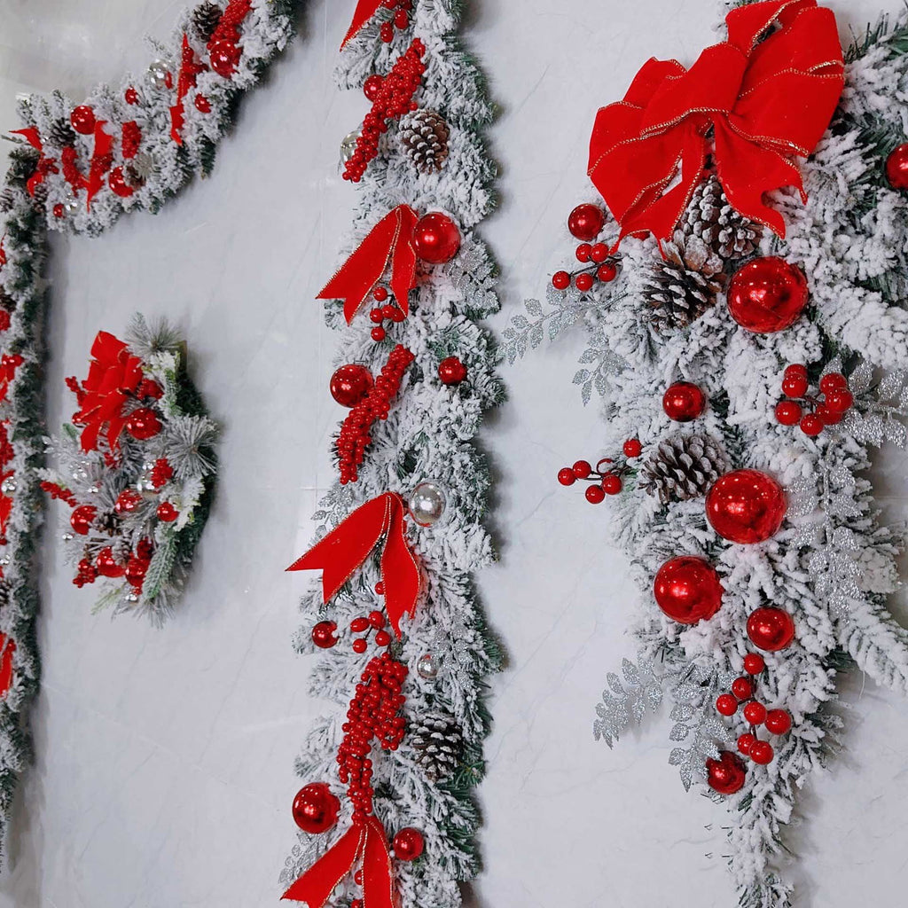 Opehuo Christmas Wreath Outdoor,Artificial Christmas Garland for Front Door with Red Flocking Bowknot,Pine Cones,Red Berries,Indoor and Outdoor Christmas Decorations(B)