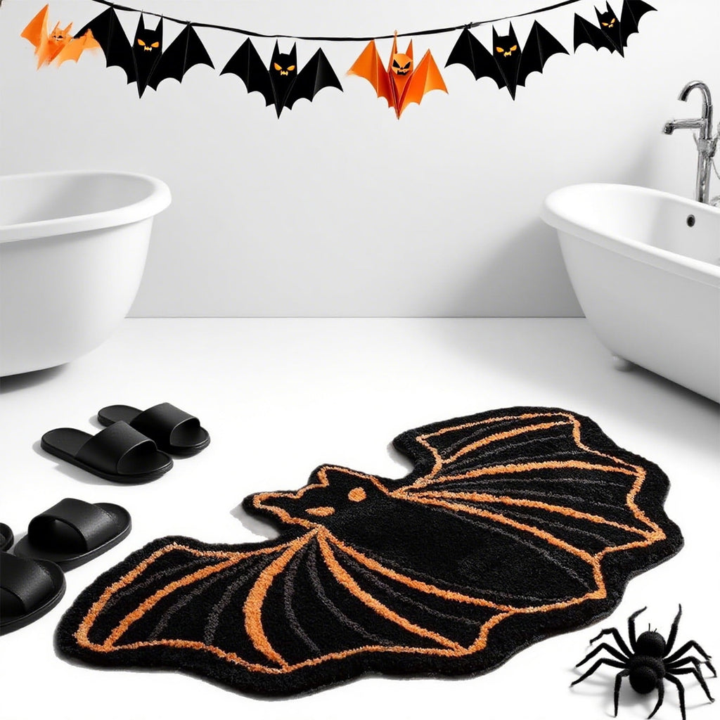 SDJMa Halloween Bat Bath Mat, Black Orange Washable Non-Slip Faux Fur Bat Floor Mat for Halloween Holiday Home Bathroom Bedroom Gothic Decor, 15.7"x23.6"