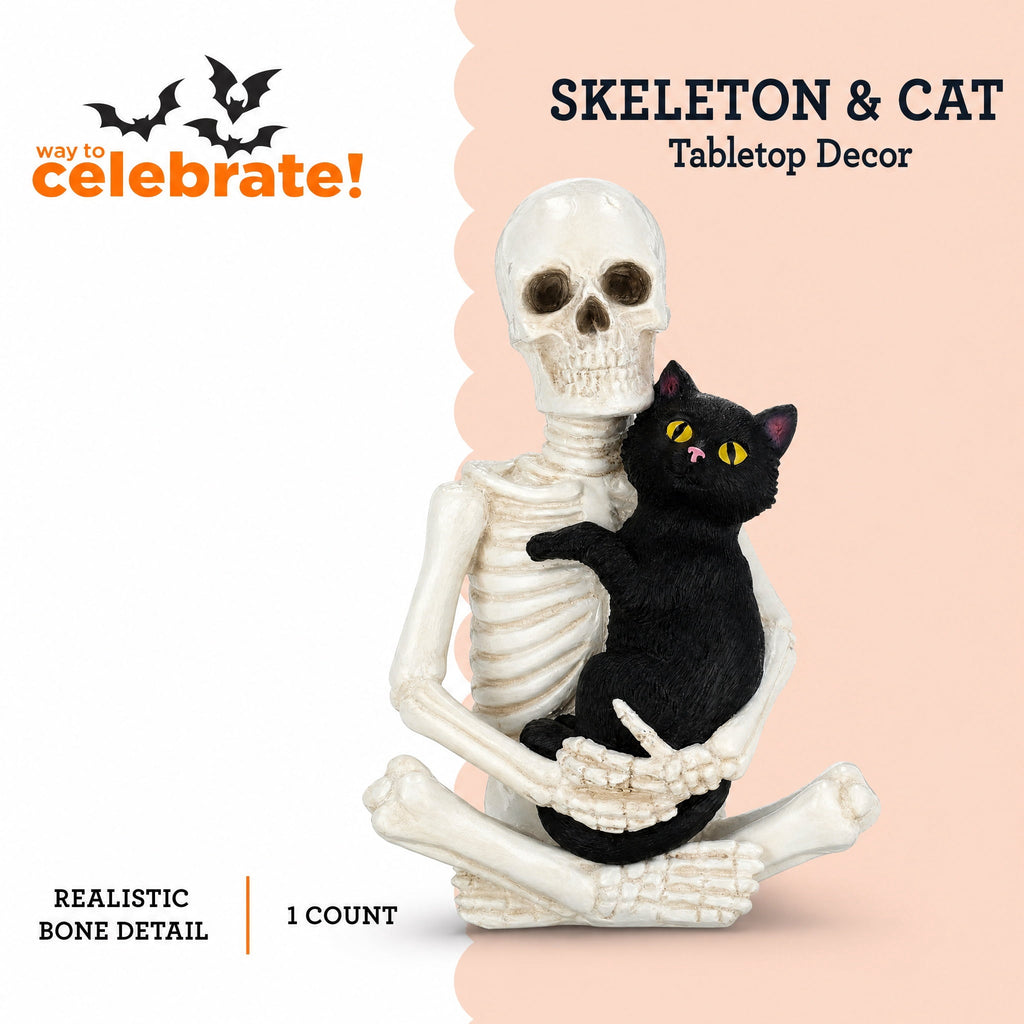 Skeleton and Cat Decoration, Black and White, 8.8", Halloween by Way To Celebrate