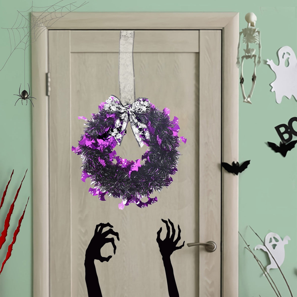 EWSFHUI Halloween Garland Wreath Decoration Halloween Decoration Pendant Home Decoration Halloween Door Wreath(Silver,11.41 * 20.27 in)