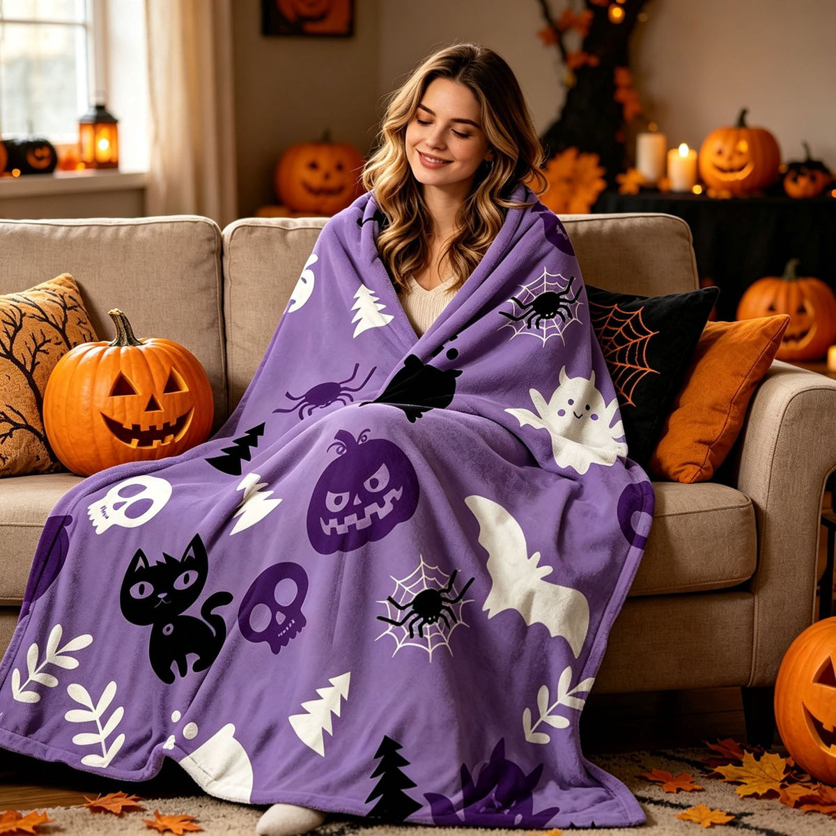 Halloween blanket,Halloween Print Throw Blanket Flannel Soft Cozy Decorative Nap Blanket with Ghost Pumpkin Skull for Office Bedroom Sofa Camping Travel(100x150cm/39x59 Inch),Black