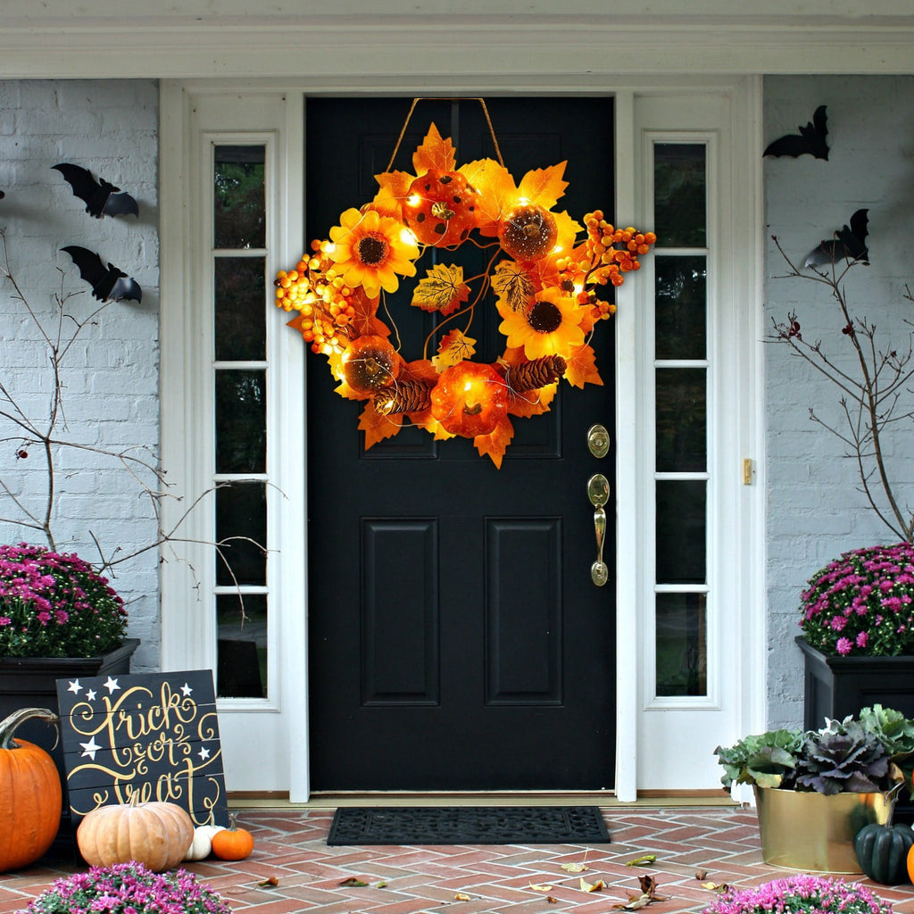 Halloween Wreath Festival Decoration Maple Leaf Pumpkin Wall Hanging Arrangement Harvests Festival Door Hanging Fall Decor for Fireplace Porch Table 11.81 in