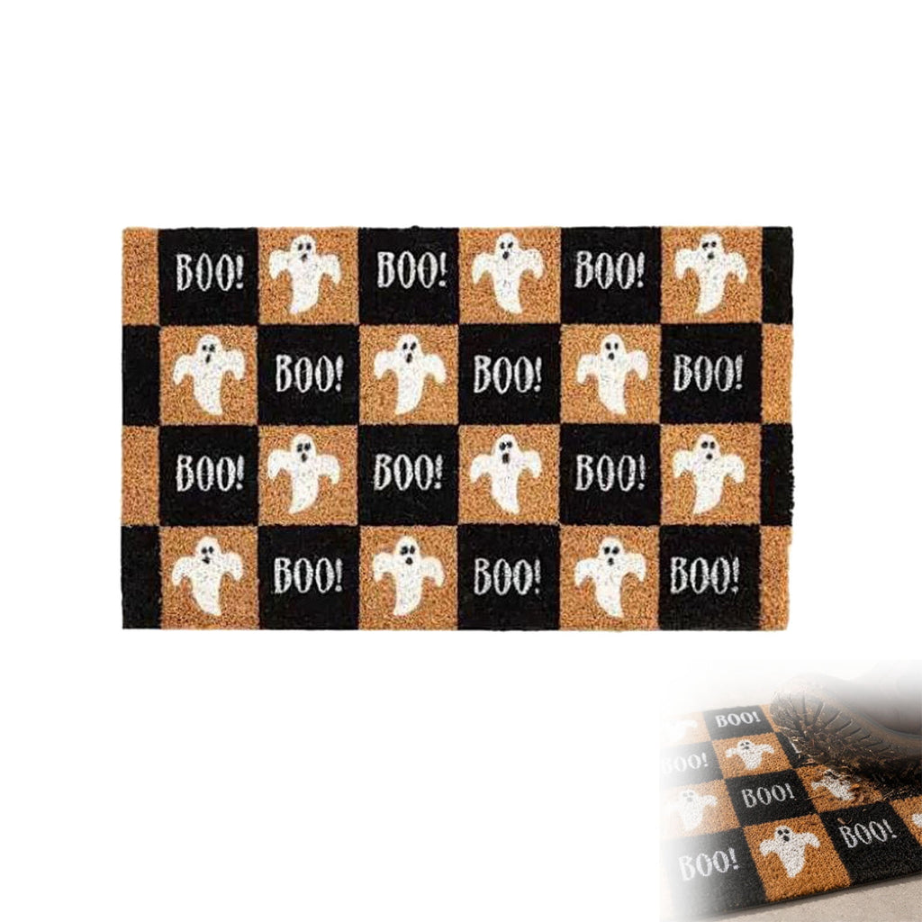 Tepsmf Halloween Ghost Doormat 19.7x31.4IN Black And Orange Checkered Soft Halloween Bathroom Rug Non Slip Cute Spooky Ghost Bathroom Decoration For Front Doors Porches And Holiday Decorations