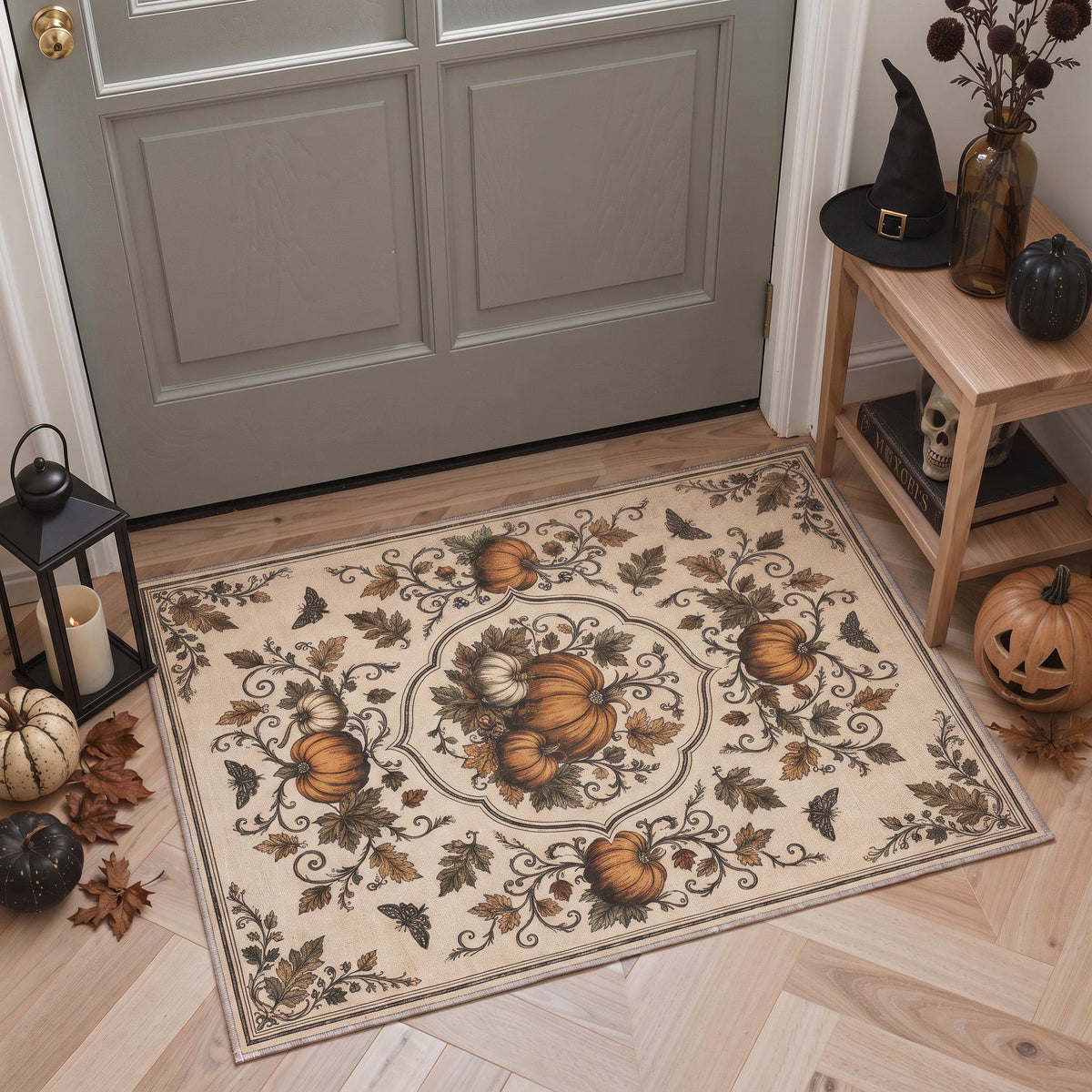 GENIMO 5'x7' Halloween Area Rug for Living Room, Washable Non Slip Soft Vintage Pumpkin Indoor Rug for Bedroom Dining Room Home Office, Antique Moss