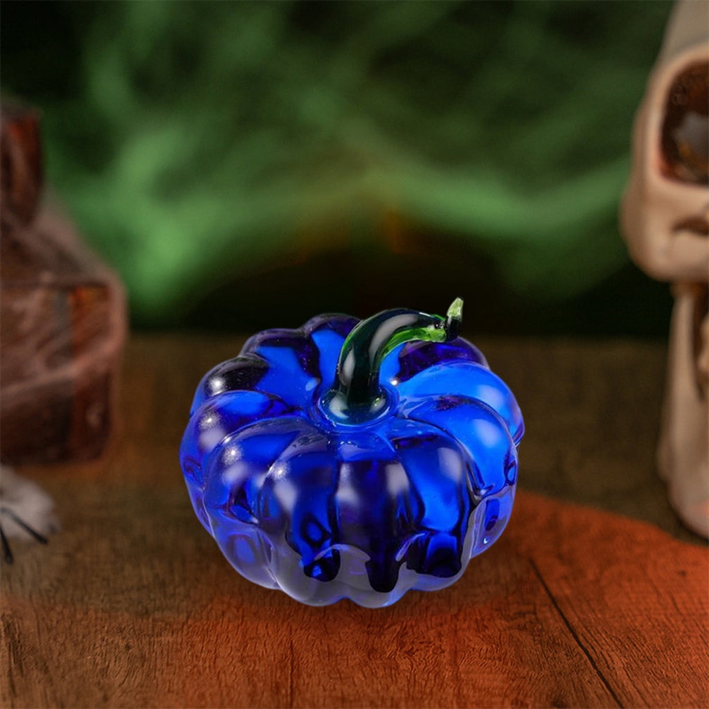 Fall Decor Mini Blue Hand Blown Glass Pumpkin Figurine Transparent Crystal Pumpkin with Green Stem Art Glass Fruit Tabletop Decor for Home Office Shelf Thanksgiving Halloween Gift