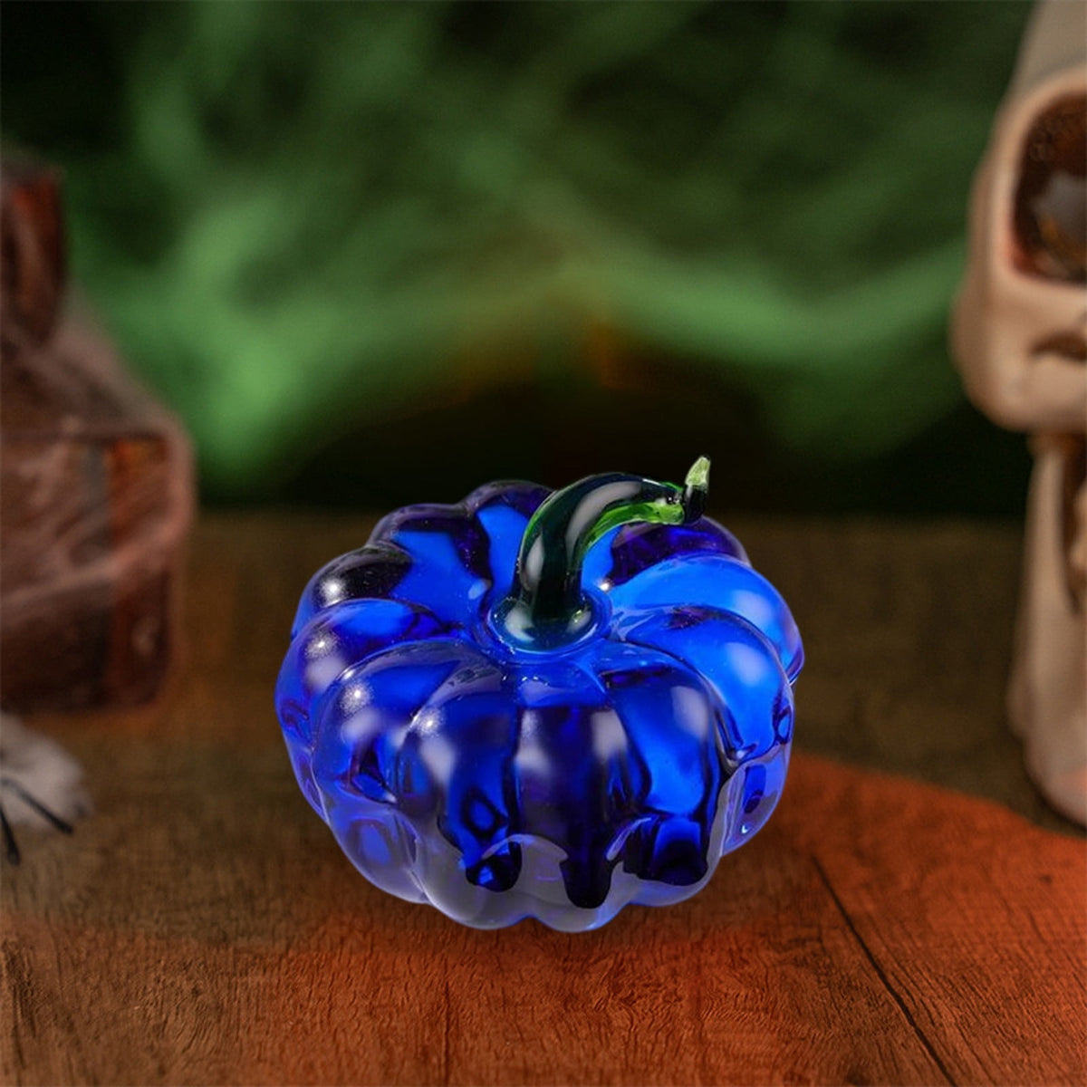 Fall Decor Mini Blue Hand Blown Glass Pumpkin Figurine Transparent Crystal Pumpkin with Green Stem Art Glass Fruit Tabletop Decor for Home Office Shelf Thanksgiving Halloween Gift