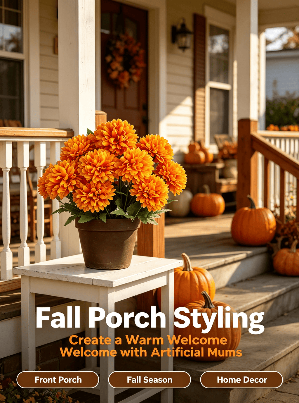 1Pack Faux Fall Mums for Outside Artificial Mums Outdoor Clearance Chrysanthemum Bush Silk - Orange Fall Decorations for Home Fall Wedding Flowers