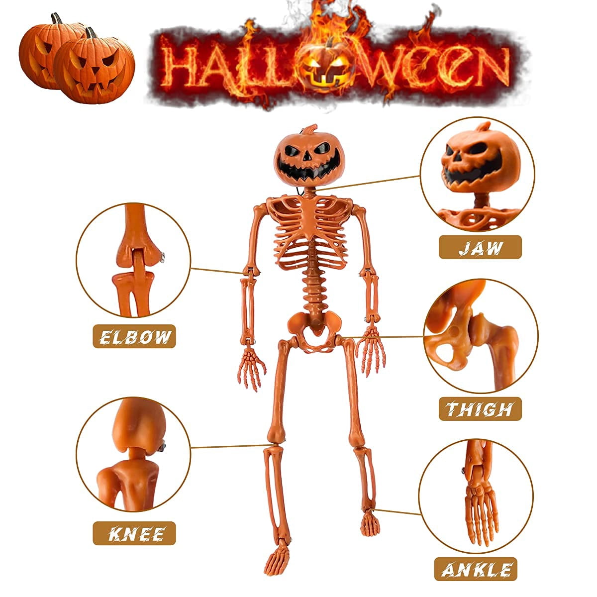 TETOU Halloween Pumpkin Skeleton Decorations with Posable Joints Skeletons for Party Haunted House Props Decorations, 2 Packs