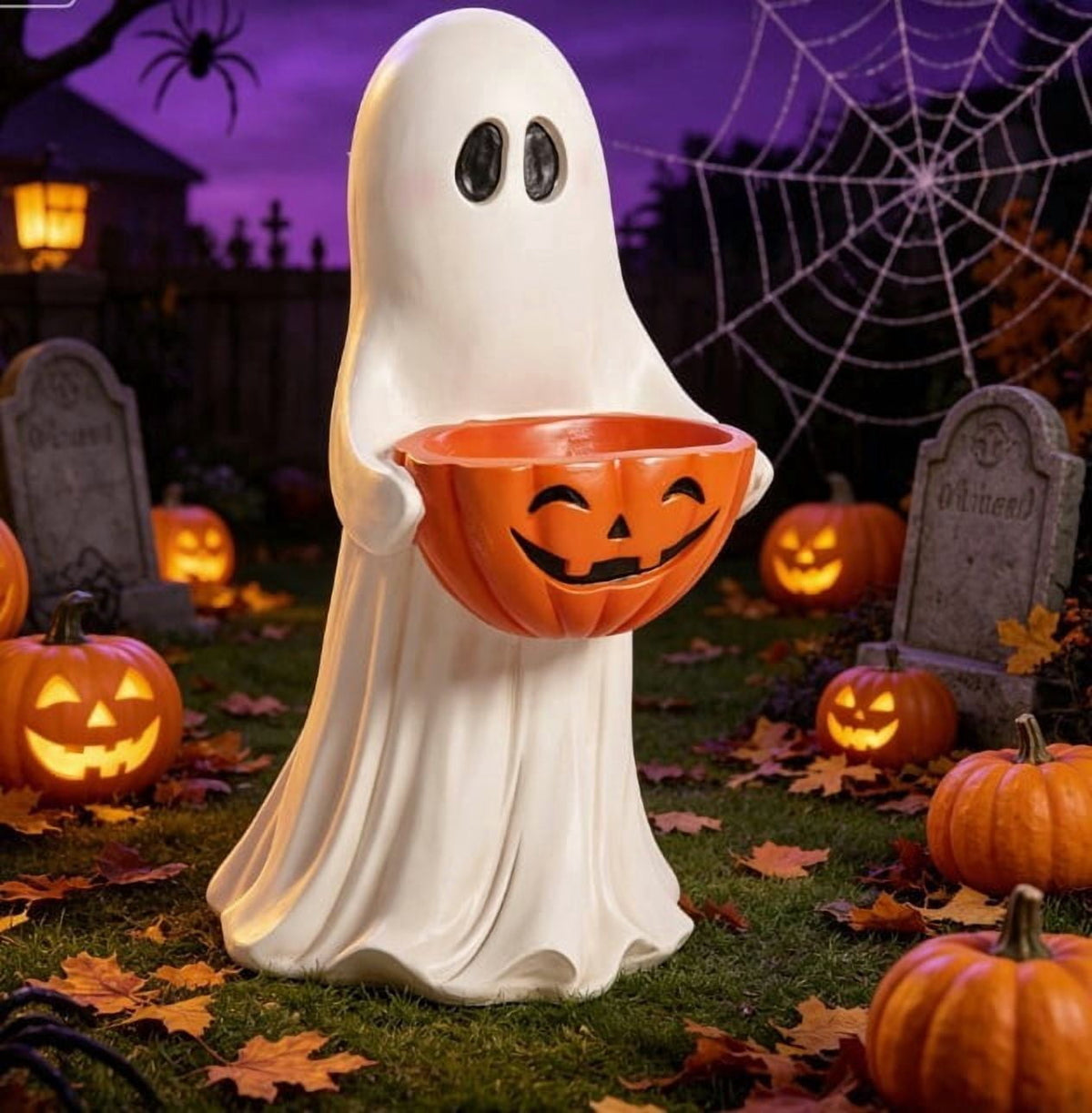Halloween Decoration Ghost Figurine 11in Resin Ghost Statues with Pumpkin Candy Bowl for Outdoor Indoor Front Door, Porch Yard Lawn Party Decor