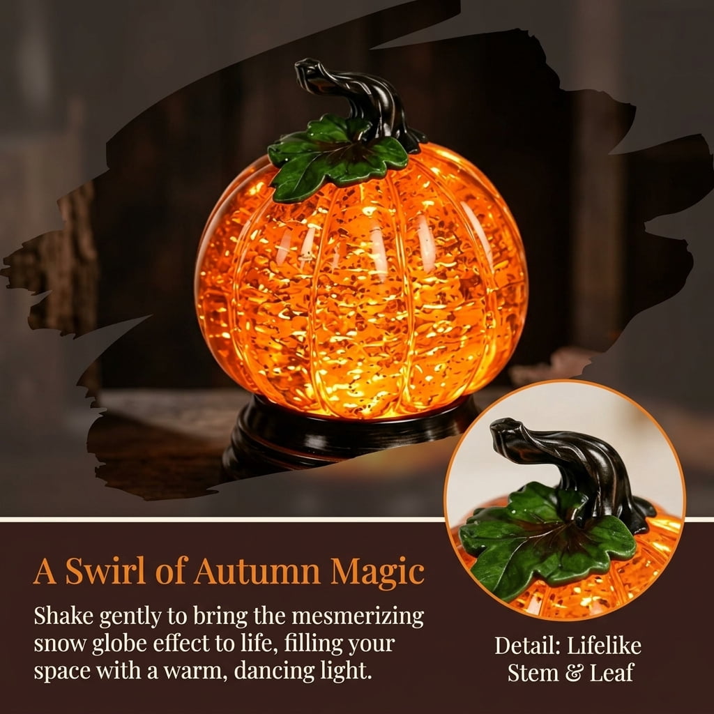 Halloween Pumpkin Snow Glitter Globe, Lighted Orange LED Fall Decor, Thanksgiving Centerpiece Seasonal Gift