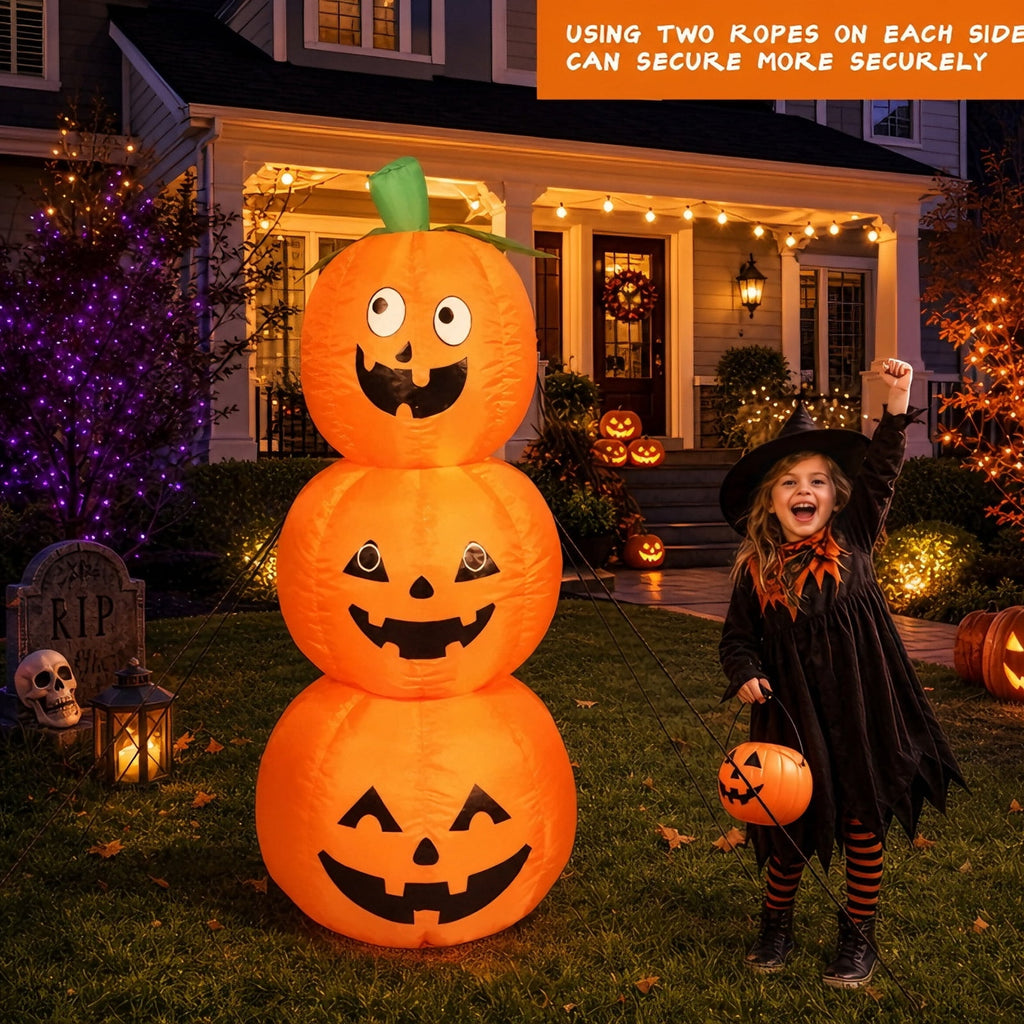 Halloween Inflatables Outdoor, 8FT Long Cute & Lighted Blow Up Decoration Pumpkin Family with Witch Hat, Large Halloween Inflatables Decorations with Lights for Yard, Holiday, Home