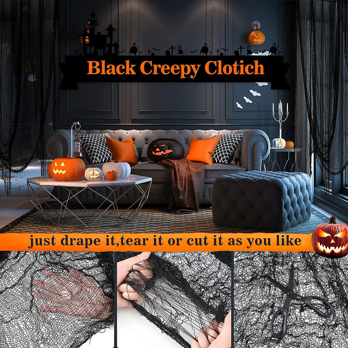5 Pack Halloween Creepy Cloth 30×72 inch - Halloween Decorations Black Gauze - Creepy Spooky Halloween Fabric Cloth for House Yard Haunted House Halloween Party Indoor Outdoor Decorations