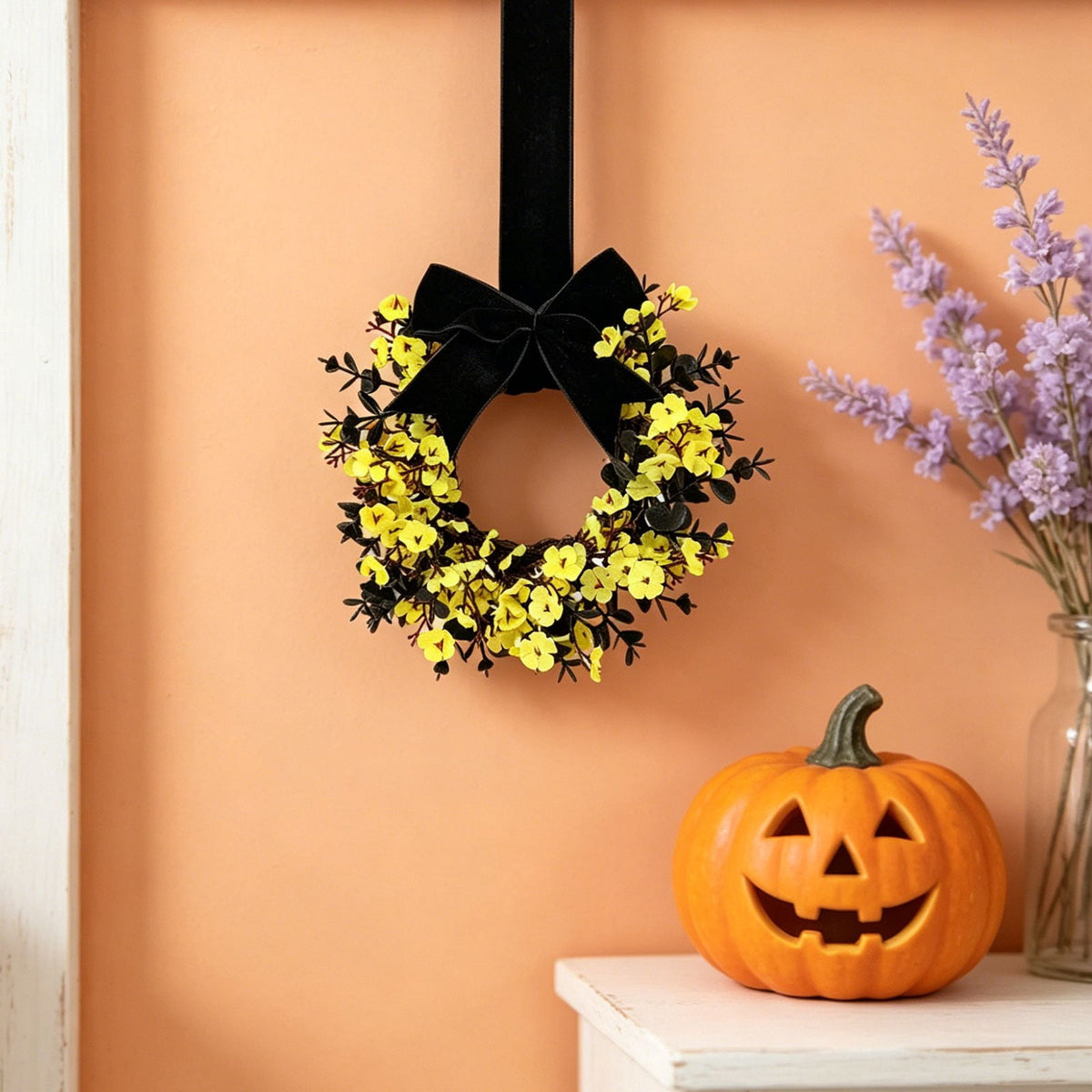 FXMLRLK 1 Pack Halloween Cabinet Wreaths with Ribbon Bows Artificial Flowers Kitchen Wreath for Window Front Door Farmhouse Wall Halloween Decorations, Blue