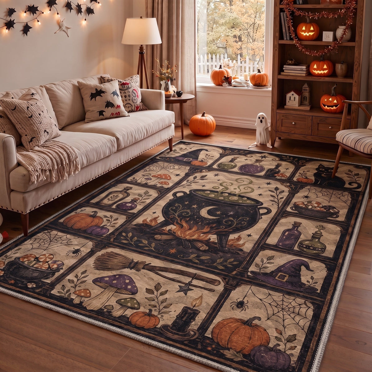 GENIMO 5'x7' Halloween Area Rug for Living Room, Washable Non Slip Soft Vintage Pumpkin Indoor Rug for Bedroom Dining Room Home Office, Antique Moss
