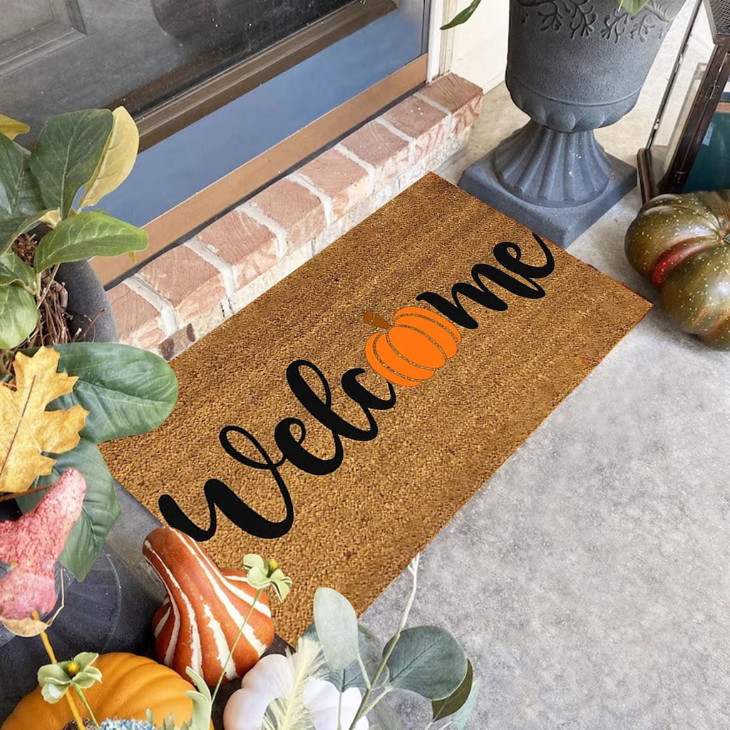 Zhourta Halloween Fall Plaid Outdoor Rug Orange Plaid Outdoor Rug Cotton Hand Woven Check Rug Layered Doormats for Front Door Front Porch Farmhouses Entryway Patio 15.7x23.6 Inch