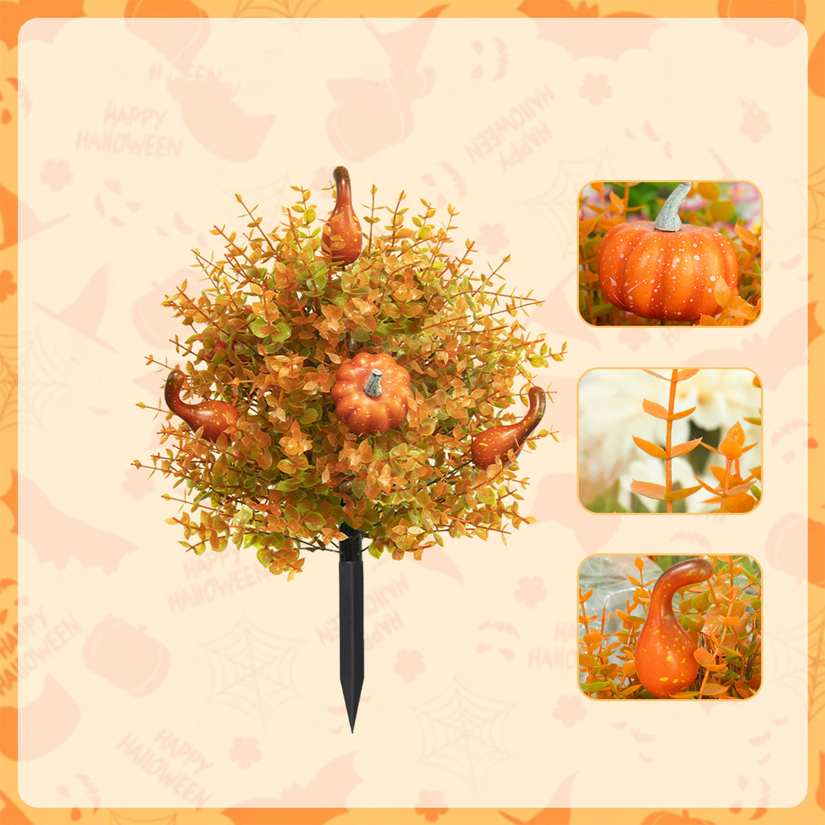 Fall Harvest Pumpkin Eucalyptus Stake, 22 Inch Artificial Halloween Outdoor Decoration, Plastic Floral Arrangement for Garden Pathway Yard