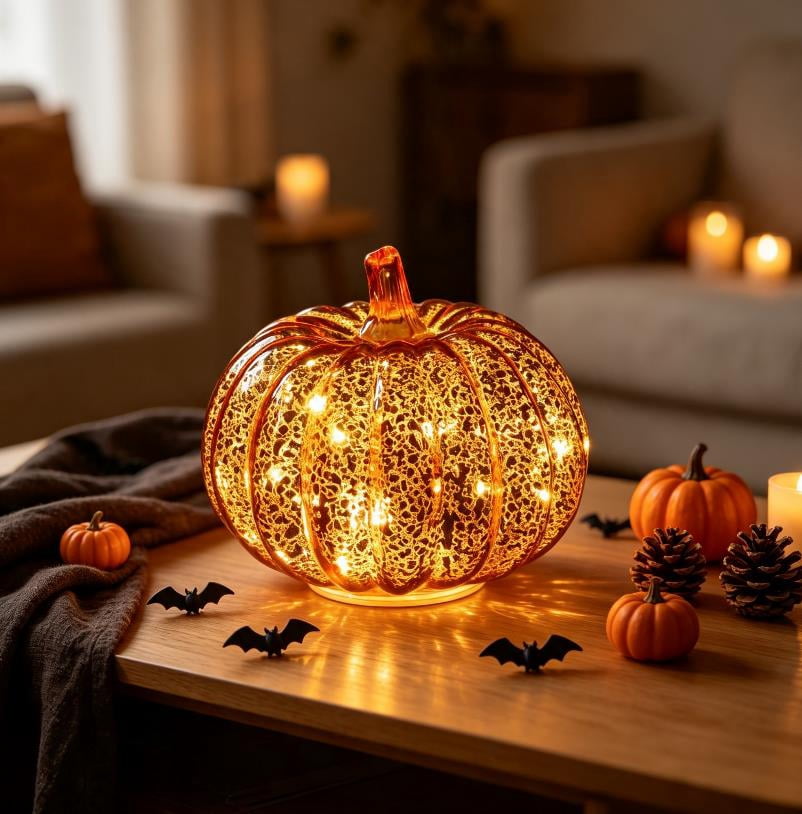 Halloween Fall Pumpkin Lamp,Sparkling Glass Pumpkin Night Lantern,6.6x5.5 inch Light Up Pumpkin Decor,A