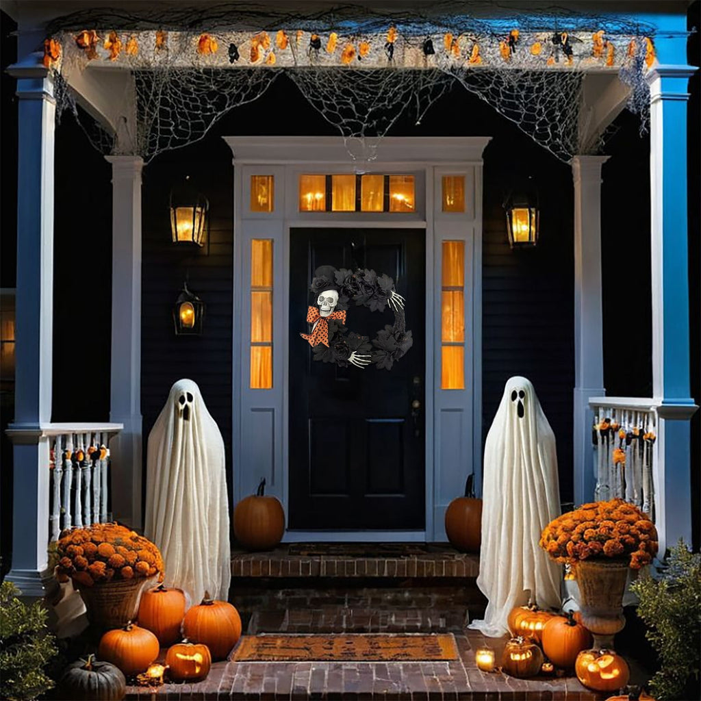 Halloween Wreath with Lights for Front Door, Collapsible Pre-Lit Wreath with Pumpkin Halloween Decorations for Home Wall Decor