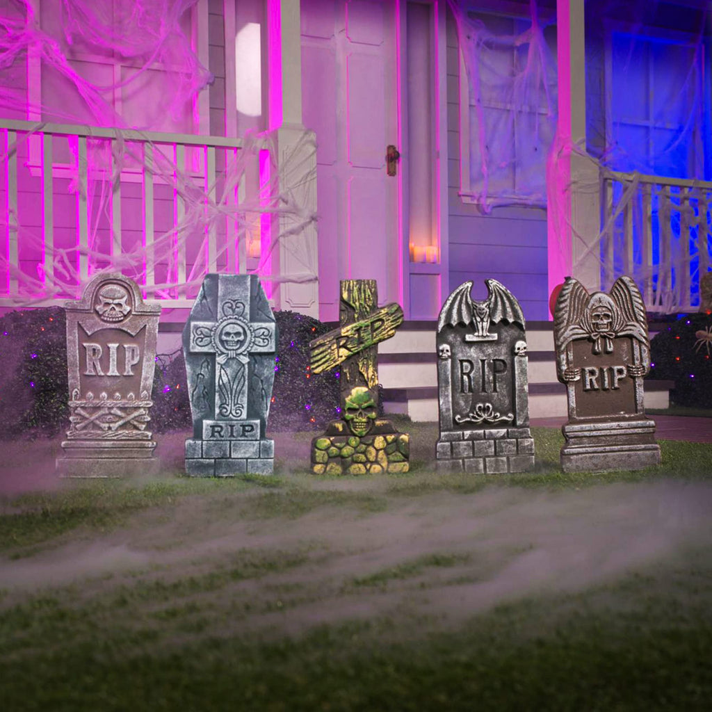 Joyfy 5 Pack Halloween Tombstone Outdoor Decorations,17 Inch Foam RIP Cemetery Headstone Decoration and 12 Halloween Yard Lawn Decoration Metal Stakes