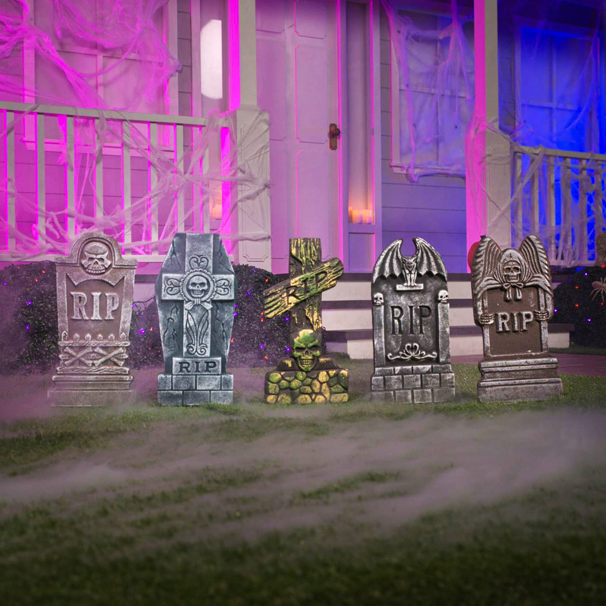 Joyfy 5 Pack Halloween Tombstone Outdoor Decorations,17 Inch Foam RIP Cemetery Headstone Decoration and 12 Halloween Yard Lawn Decoration Metal Stakes