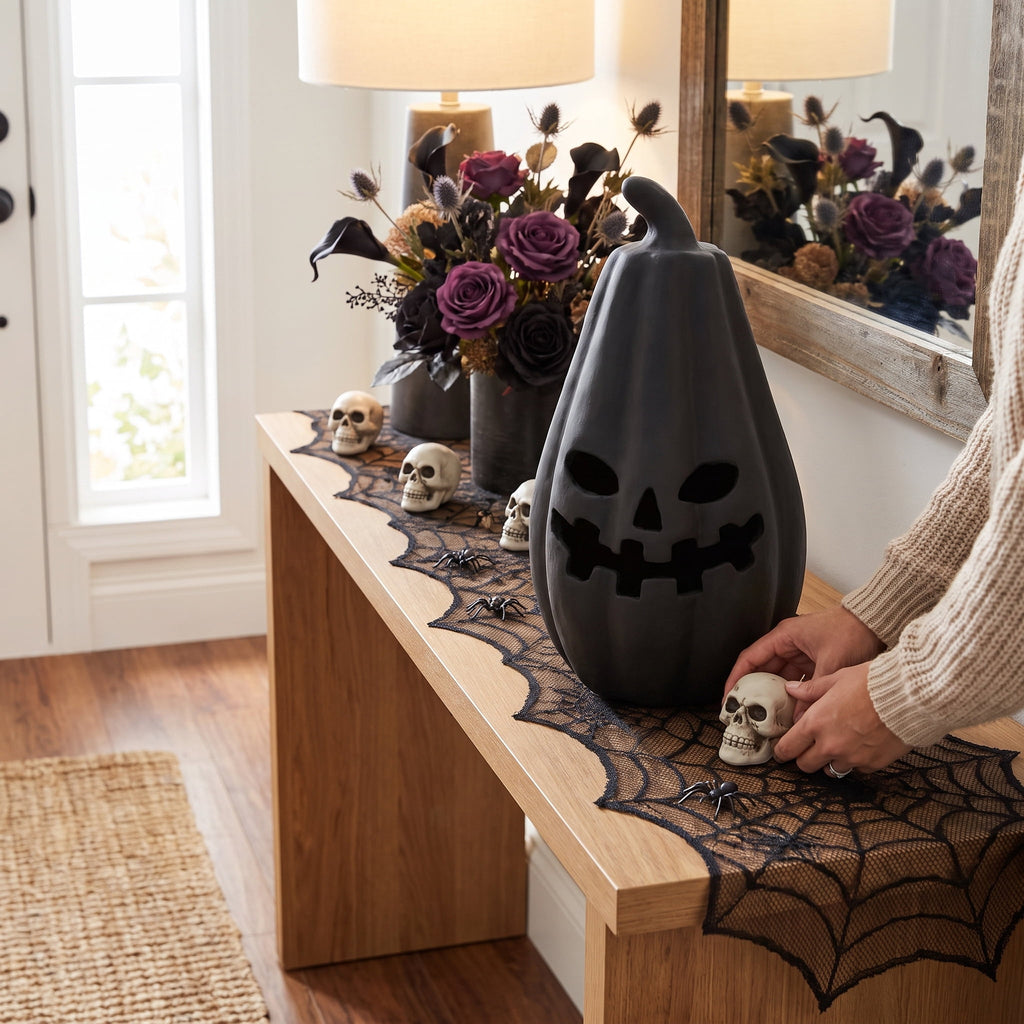 Paper Mache Jack-o'-Lantern Decoration, Black, 13.3", Halloween by Way To Celebrate