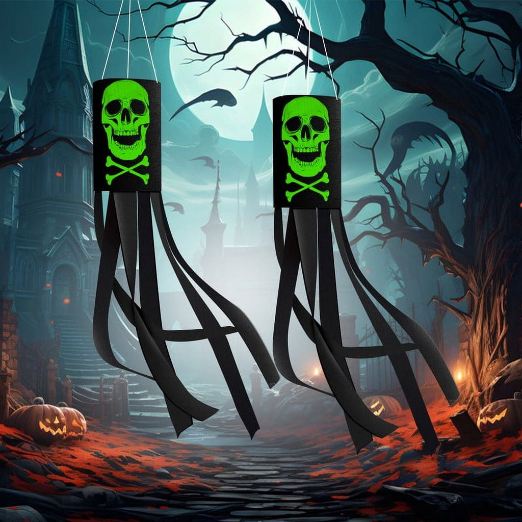 2 Pack 40 Inch Halloween Luminous Ghost Skull Windsock Flag, Glow in The Dark Skeleton Windsocks Flag, Outdoor Hanging Decor for Yard Patio Garden Pathway Party Decoration