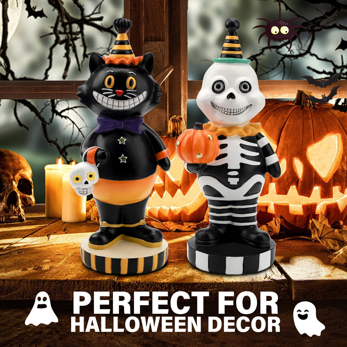 Ayieyill 2pcs Halloween Cat and Skeleton Figurines Vintage Halloween Black Cat Decor Halloween Table Decorations
