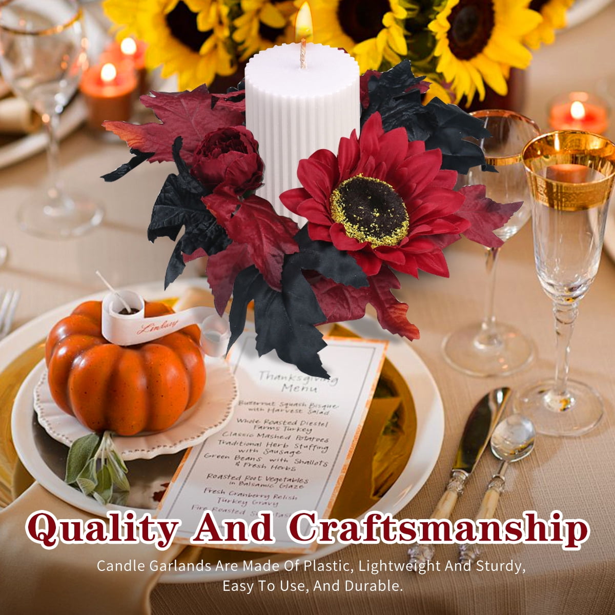 Halloween Candle Ring Wreath Halloween Table Centerpiece Black Orange Spooky Table Top Decoration Small Taper/Pillar Candle Rings Center for Party Favors 4 Pcs Design1