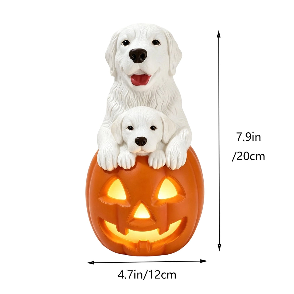 Clearance! Halloween Light‑Up Dog Figurine, 7.9in Scarecrow Dog Statue with Glowing Pumpkin, Waterproof Resin Table Yard Decor
