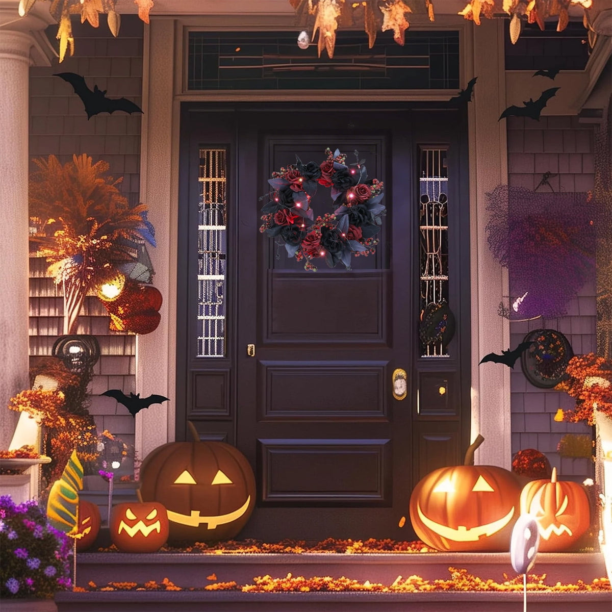 Halloween Decorative Wreath With Lights for Front Door,Black Red Rose Wreaths,15" Berries Wreaths Decor with Black Leaves Garland Ornament for Wall,Porch,Window,Indoor Outdoor Halloween Accessories