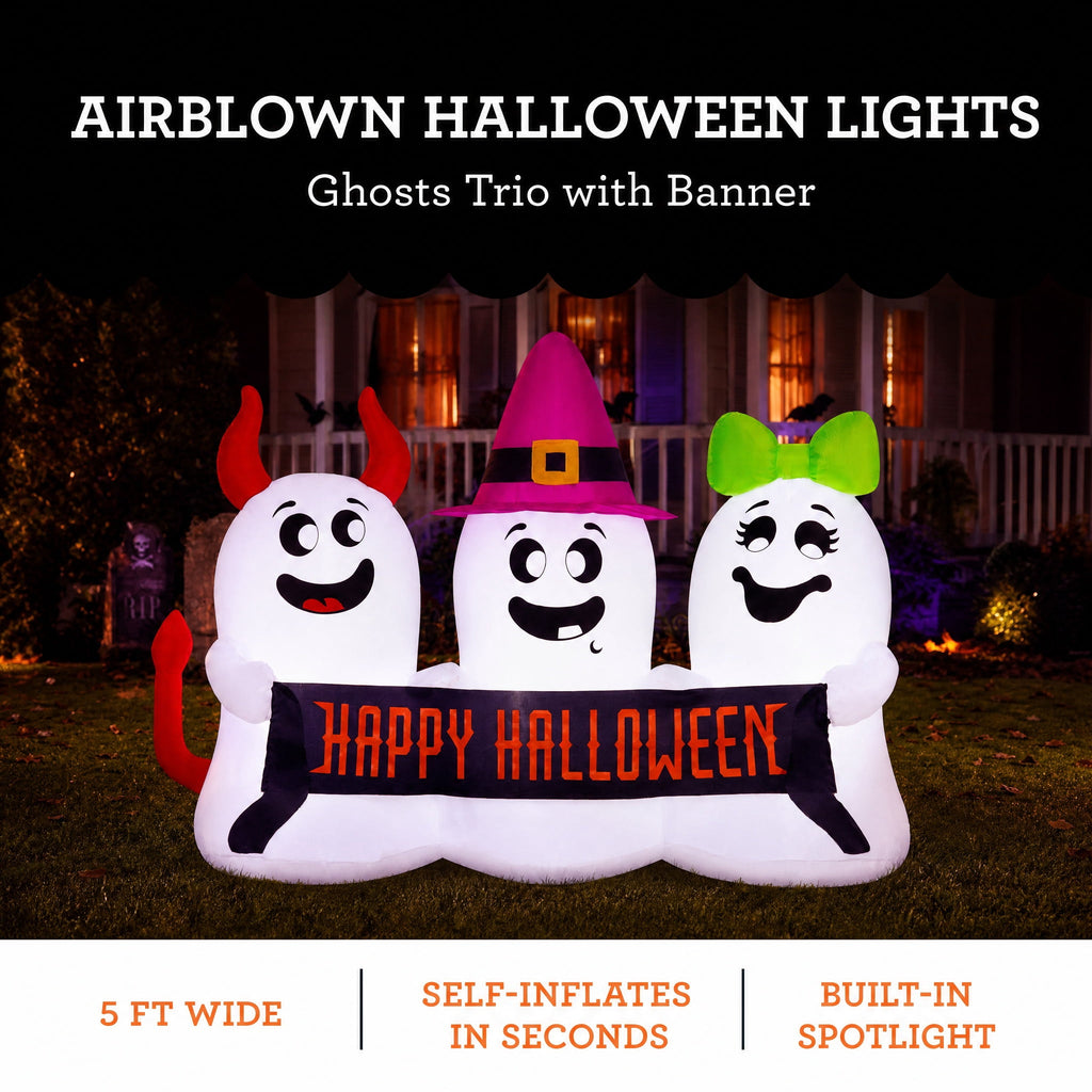 Ghosts Trio with Banner Airblown Yard Inflatable, Multicolor, 5', Halloween by Way To Celebrate