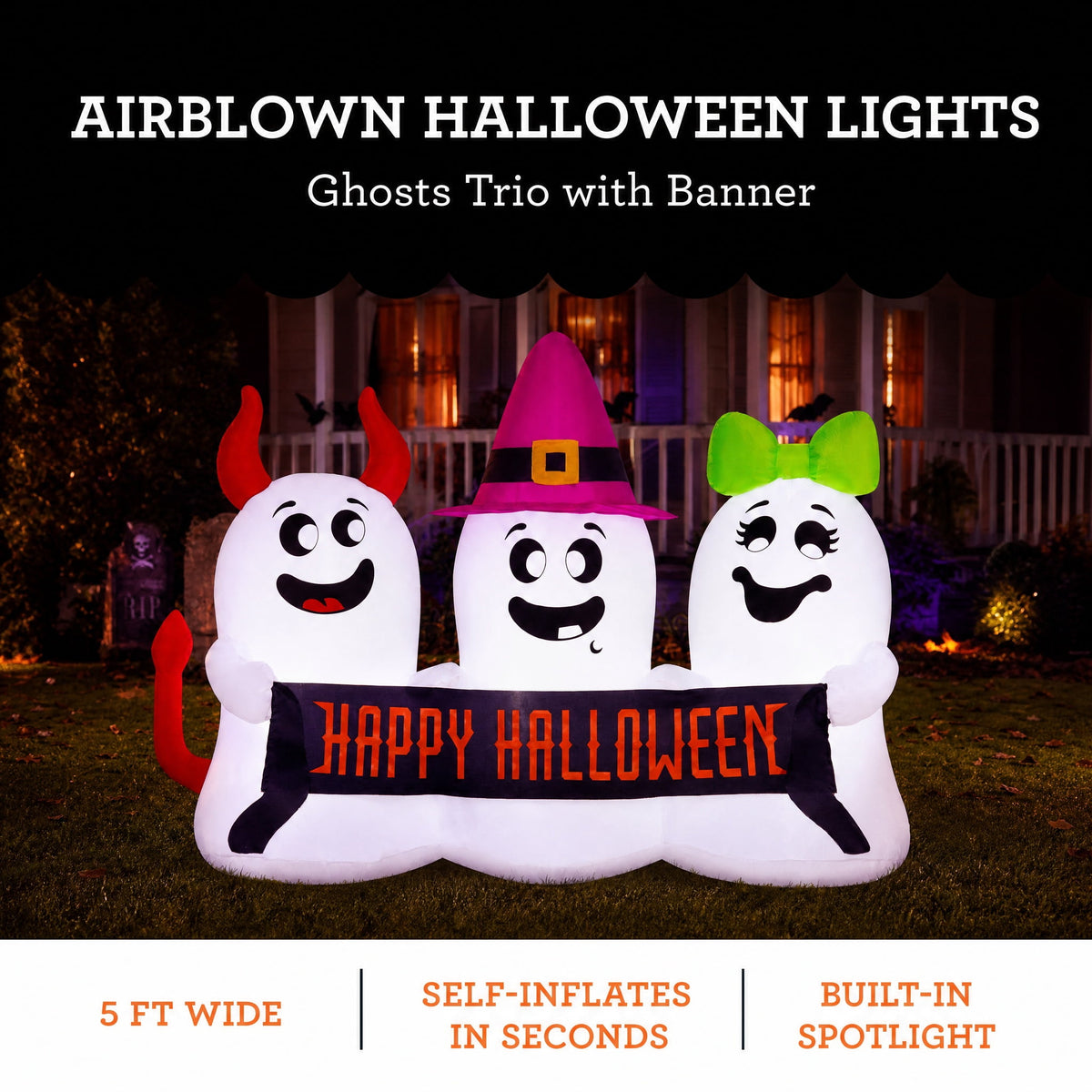Ghosts Trio with Banner Airblown Yard Inflatable, Multicolor, 5', Halloween by Way To Celebrate